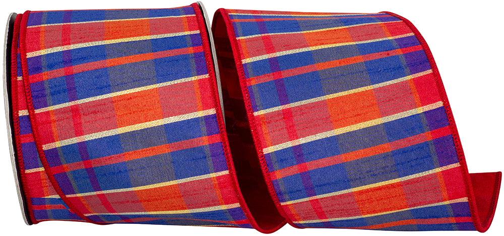 Plaid Dupioni Wired Edge Ribbon Red Royal 4 Inch 10 Yards