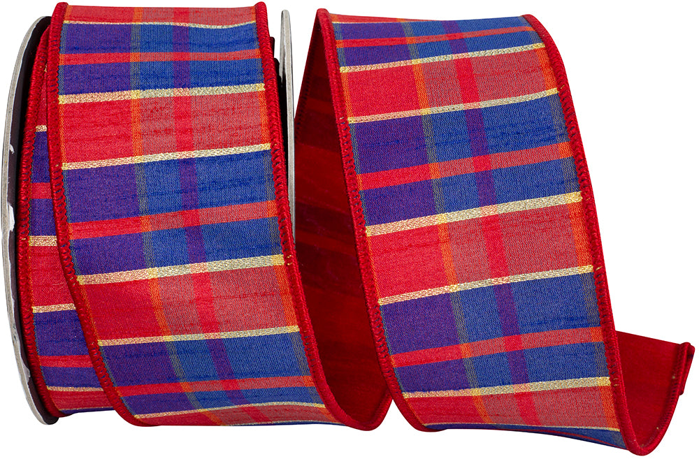 Plaid Style Dupioni Wired Edge Ribbon Red Royal 2-1/2 Inch