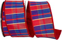 Plaid Style Dupioni Wired Edge Ribbon Red Royal 2-1/2 Inch