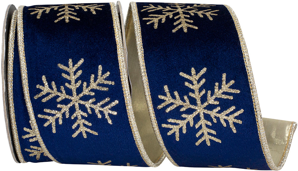 Navy Gold Glitter Snowflake Wired Edge Ribbon 2-1/2 Inch
