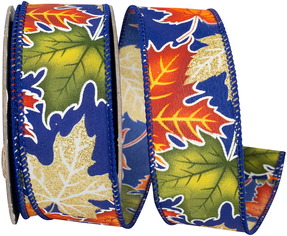 Leaf Glitter Wired Edge Ribbon 1-1/2 Inch Autumn Colors
