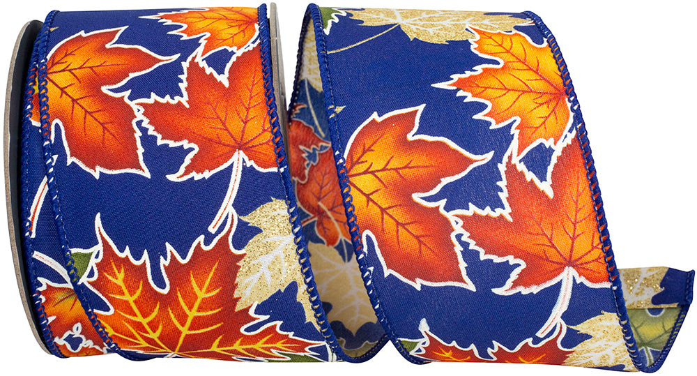 Glitter Wired Edge Ribbon 2-1/2 Inch Leaf Autumn Colors