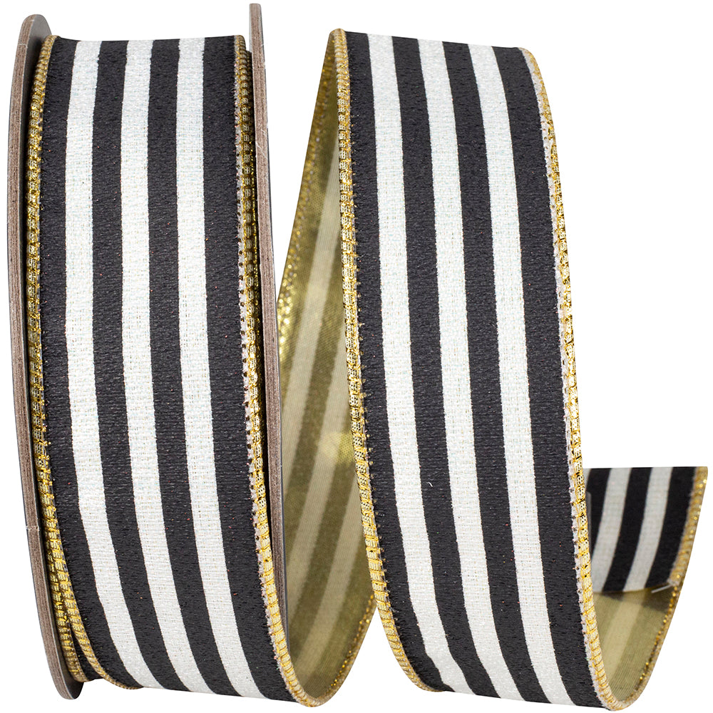 Striped Black White 1-1/2 Inch Wired Edge Ribbon