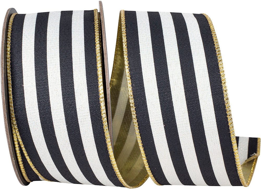 Striped Black White Wired Edge Ribbon 2-1/2 Inch 10 Yards