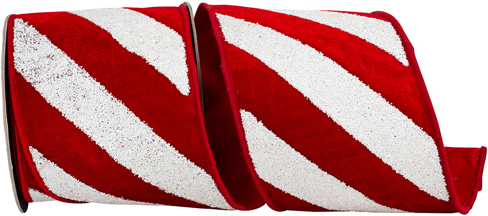 Red White 4 Inch Plush Diagonal Textured Candy Cane Stripe Velvet Fused Dupioni Backed Wired Edge Ribbon for Wreaths & Bows
