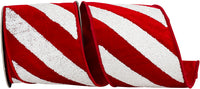 Red White 4 Inch Plush Diagonal Textured Candy Cane Stripe Velvet Fused Dupioni Backed Wired Edge Ribbon for Wreaths & Bows