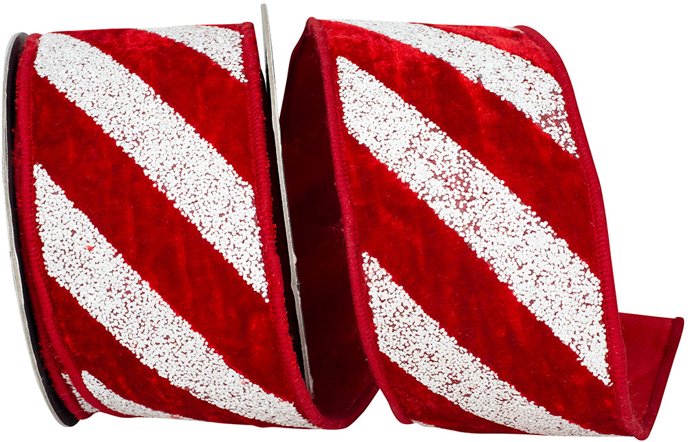 Red White 2-1 2 Inch Plush Diagonal Textured Candy Cane Stripe Velvet Fused Dupioni Backed Wired Edge Ribbon for Wreaths & Bows