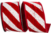 Red White 2-1 2 Inch Plush Diagonal Textured Candy Cane Stripe Velvet Fused Dupioni Backed Wired Edge Ribbon for Wreaths & Bows
