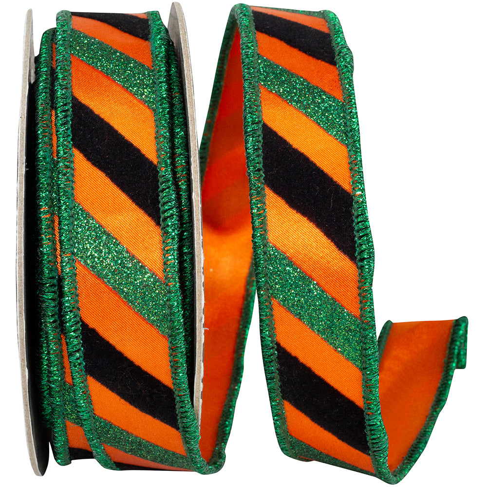Orange 1 Inch Bold Seasonal Diagonal Striped Satin Fused Backed Wired Edge Ribbon for Wreaths & Bows