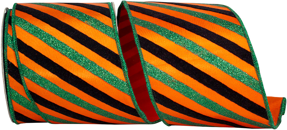 Orange 4 Inch Bold Seasonal Diagonal Striped Satin Fused Backed Wired Edge Ribbon for Wreaths & Bows