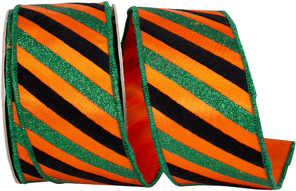 Orange 2-1 2 Inch Bold Seasonal Diagonal Striped Satin Fused Backed Wired Edge Ribbon for Wreaths & Bows