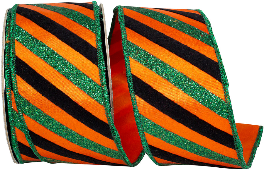 Orange 2-1 2 Inch Bold Seasonal Diagonal Striped Satin Fused Backed Wired Edge Ribbon for Wreaths & Bows