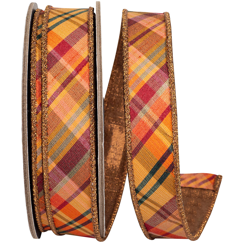 Copper Diagonal Plaid Wired Edge Ribbon 1 Inch for Bows