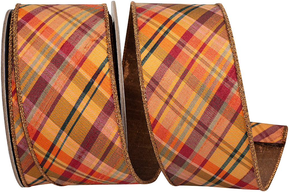 Copper Diagonal Plaid Wired Edge Ribbon 2-1/2 Inch 10 Yards