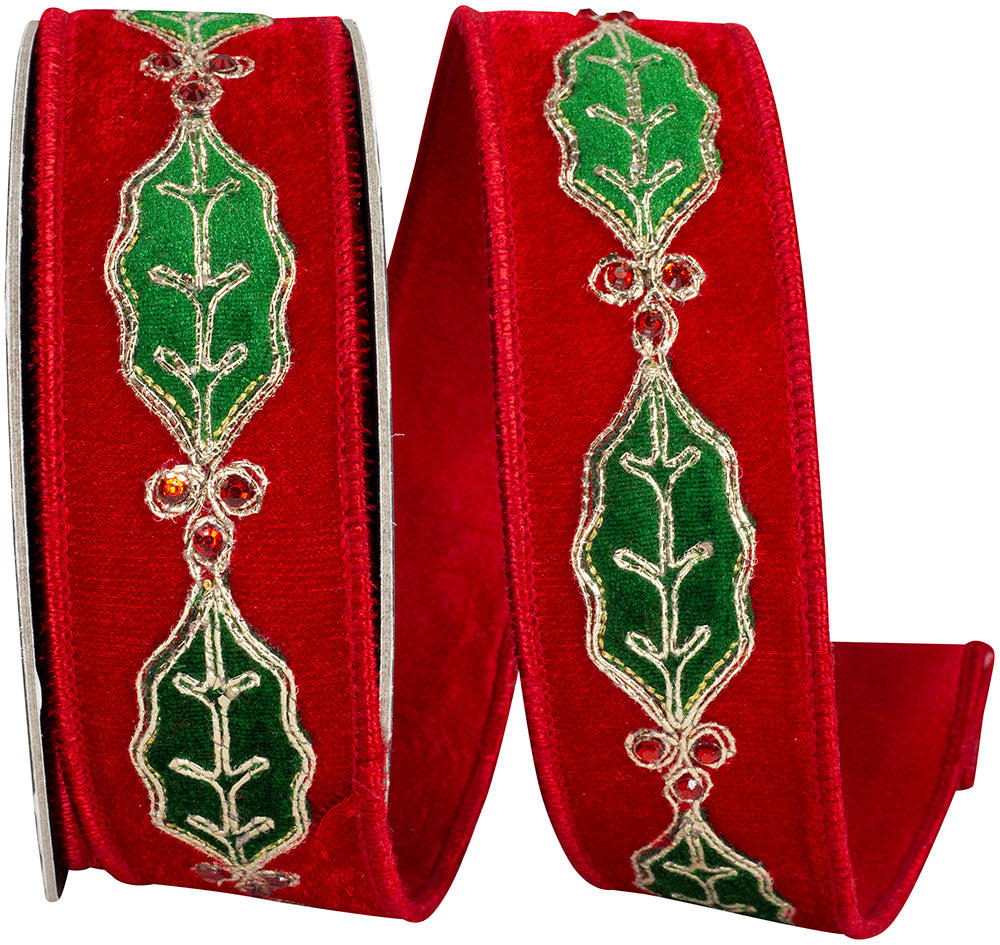 Red Green 1-1 2 Inch Holly Jeweled Berry Embroidery Velvet Fused Dupioni Backed Wired Edge Ribbon for Wreaths & Bows
