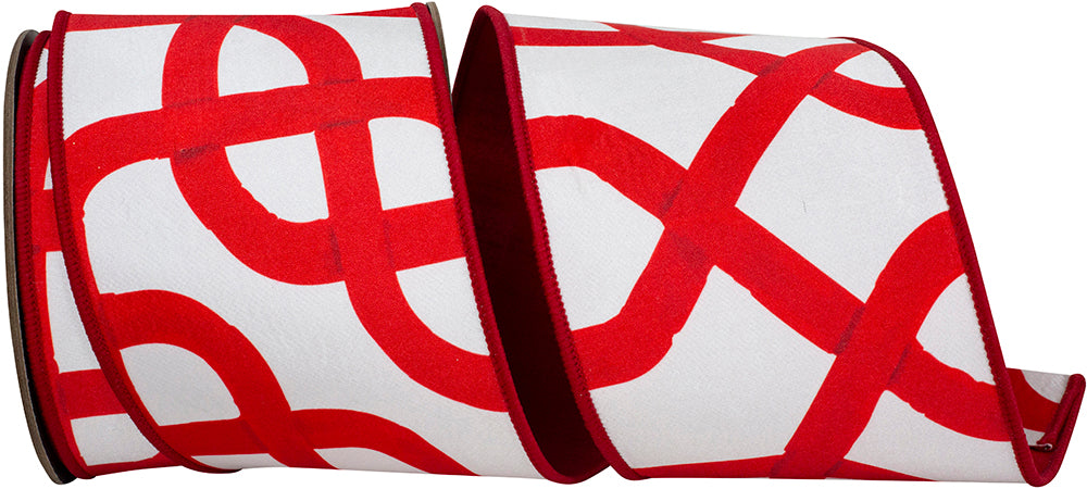 White Red 4 Inch Lines Intertwined Fused Dupioni Backed Wired Edge Ribbon for Wreaths & Bows