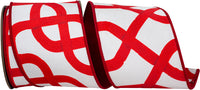 White Red 4 Inch Lines Intertwined Fused Dupioni Backed Wired Edge Ribbon for Wreaths & Bows