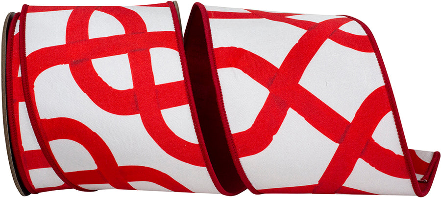White Red 4 Inch Lines Intertwined Fused Dupioni Backed Wired Edge Ribbon for Wreaths & Bows
