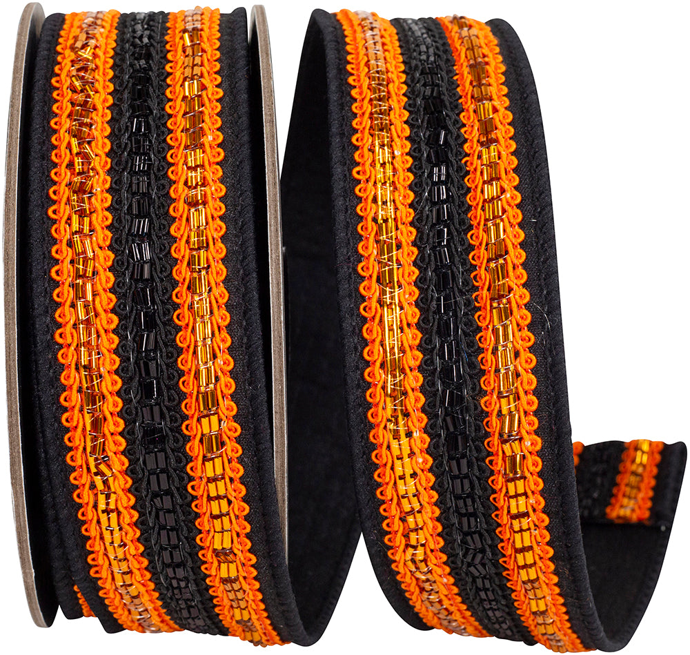 Black Orange 1-1 2 Inch Trimming Lines Deluxe Fused Backed Wired Edge Ribbon for Wreaths & Bows
