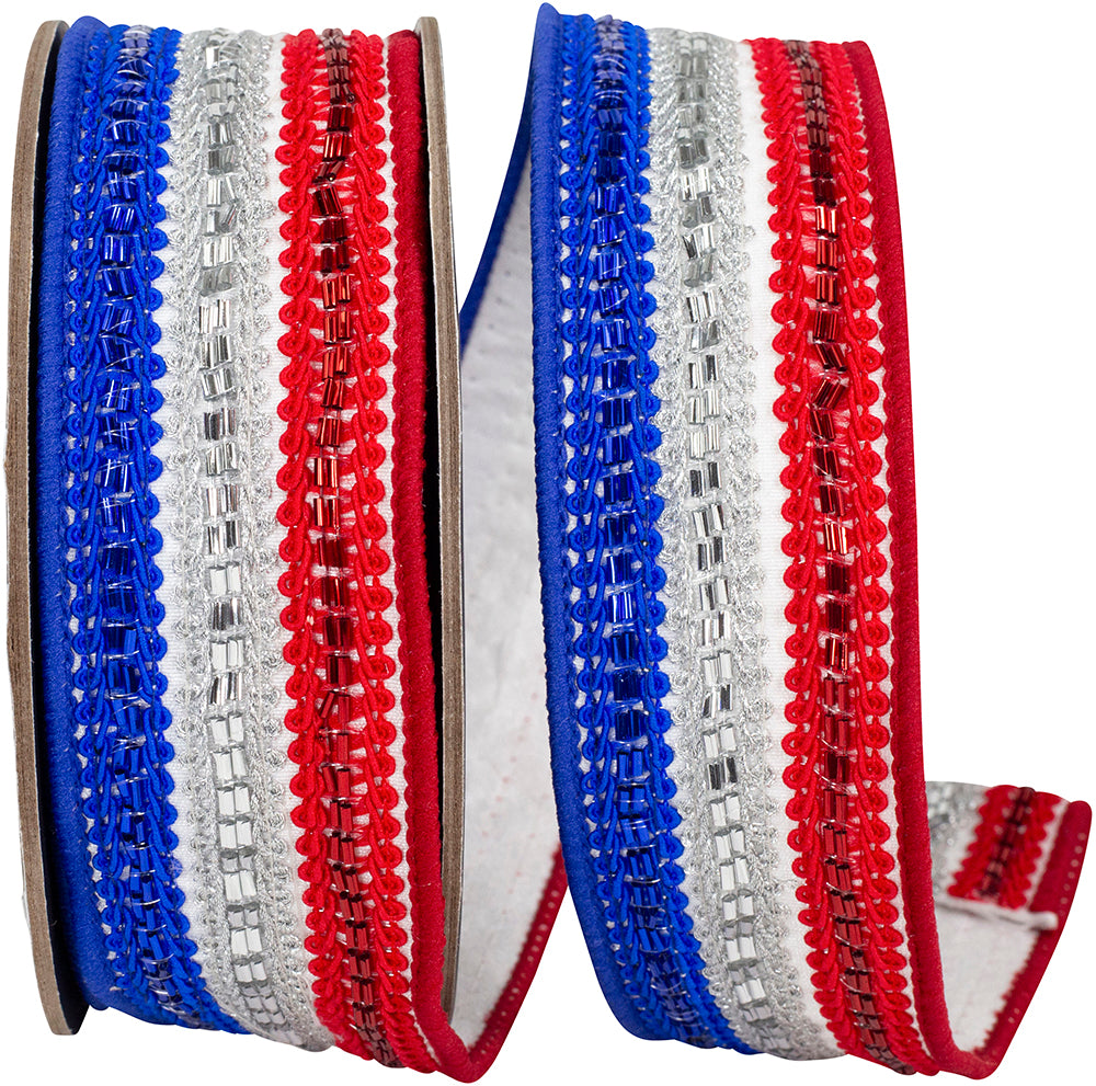Red White Blue 1-1 2 Inch Trimming Lines Deluxe Fused Backed Wired Edge Ribbon for Wreaths & Bows