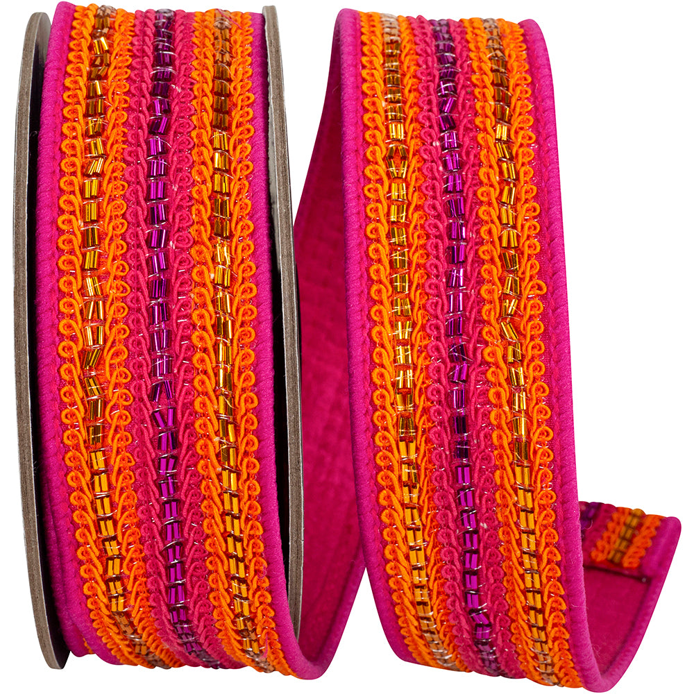 Fuchsia Orange 1-1 2 Inch Trimming Lines Deluxe Fused Backed Wired Edge Ribbon for Wreaths & Bows