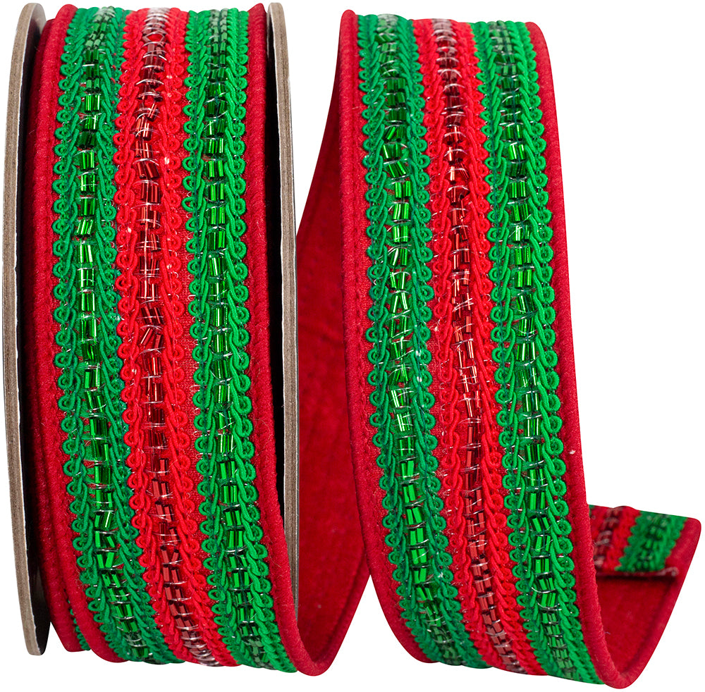 Red Green 1-1 2 Inch Trimming Lines Deluxe Fused Backed Wired Edge Ribbon for Wreaths & Bows
