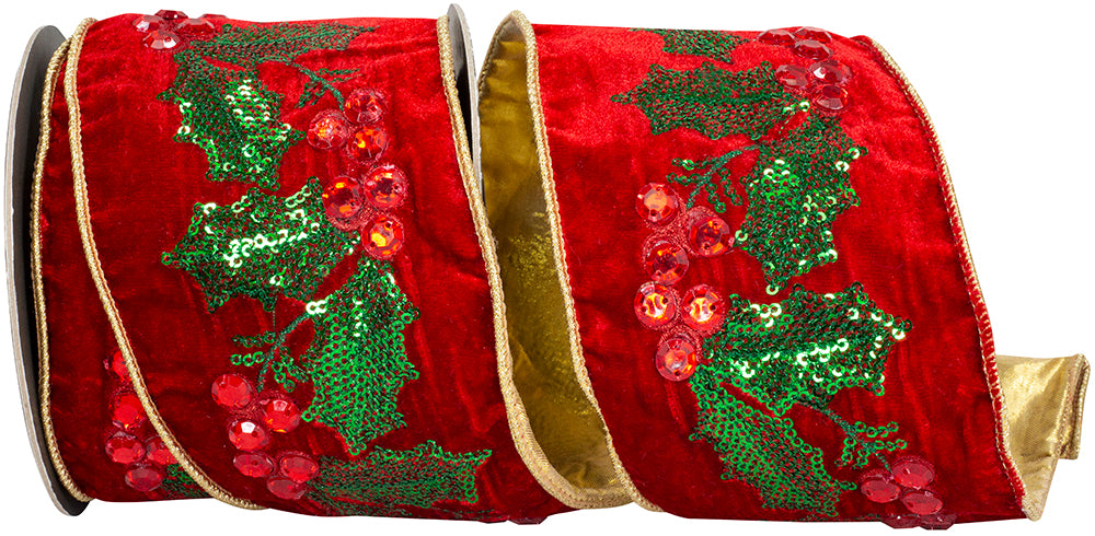 Holly Sequin Jeweled Berries Ribbon Red Green 4 Inch