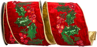 Holly Sequin Jeweled Berries Ribbon Red Green 4 Inch