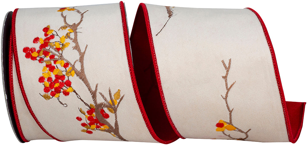 Beige 4 Inch Plush Velvet Sprig Embroidery Fused Backed Wired Edge Ribbon for Wreaths & Bows