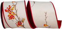 Beige 4 Inch Plush Velvet Sprig Embroidery Fused Backed Wired Edge Ribbon for Wreaths & Bows
