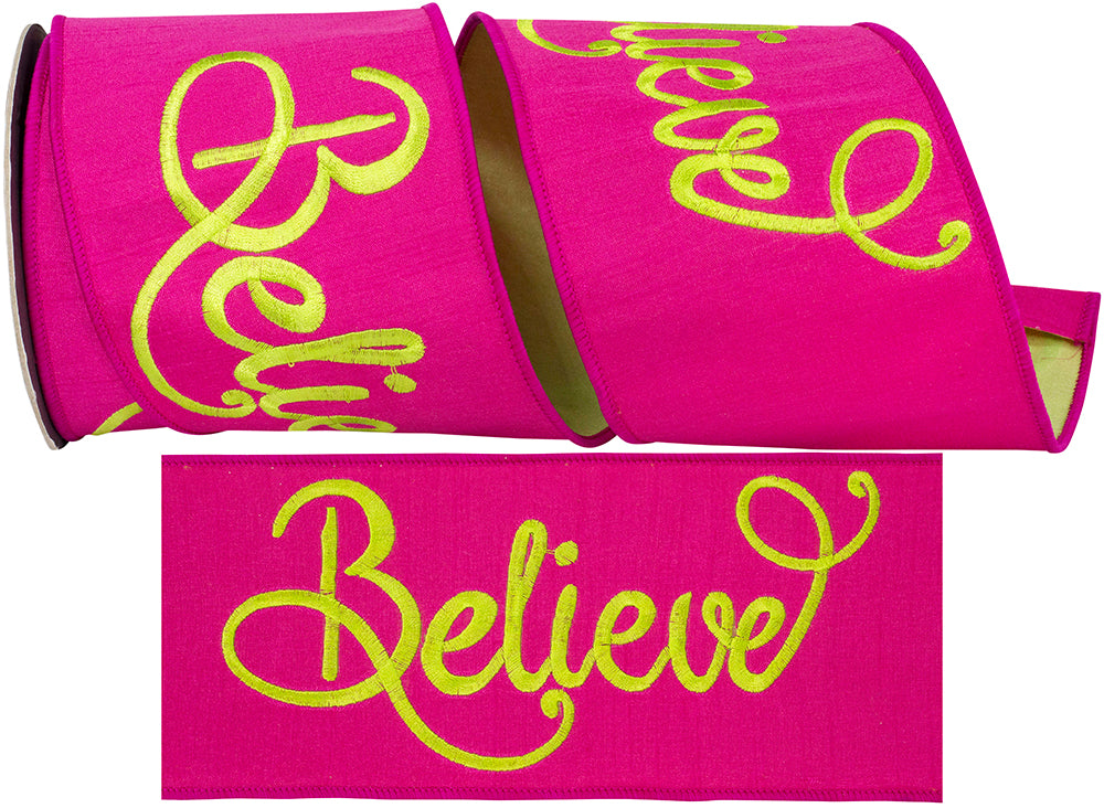 Fuchsia Lime 4 Inch Believe Embroidery Dupioni Fused Lime Dupioni Backed Wired Edge Ribbon for Wreaths & Bows