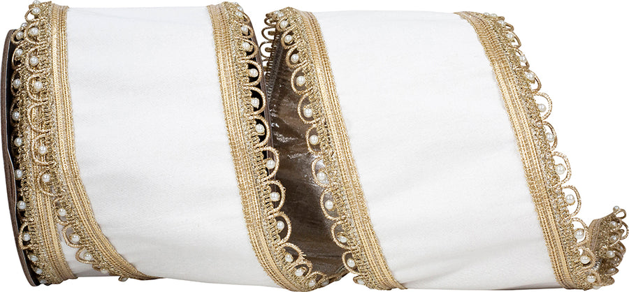 Wired Edge Ribbon 4 Inch White Dupioni Metallic Backed