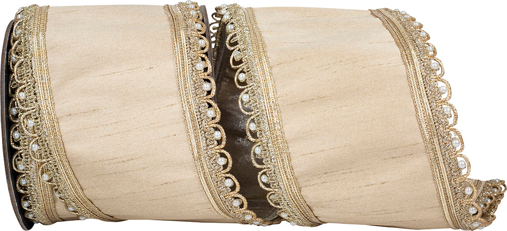 Champagne Wired Edge Ribbon 4 Inch Dupioni Metallic Backed