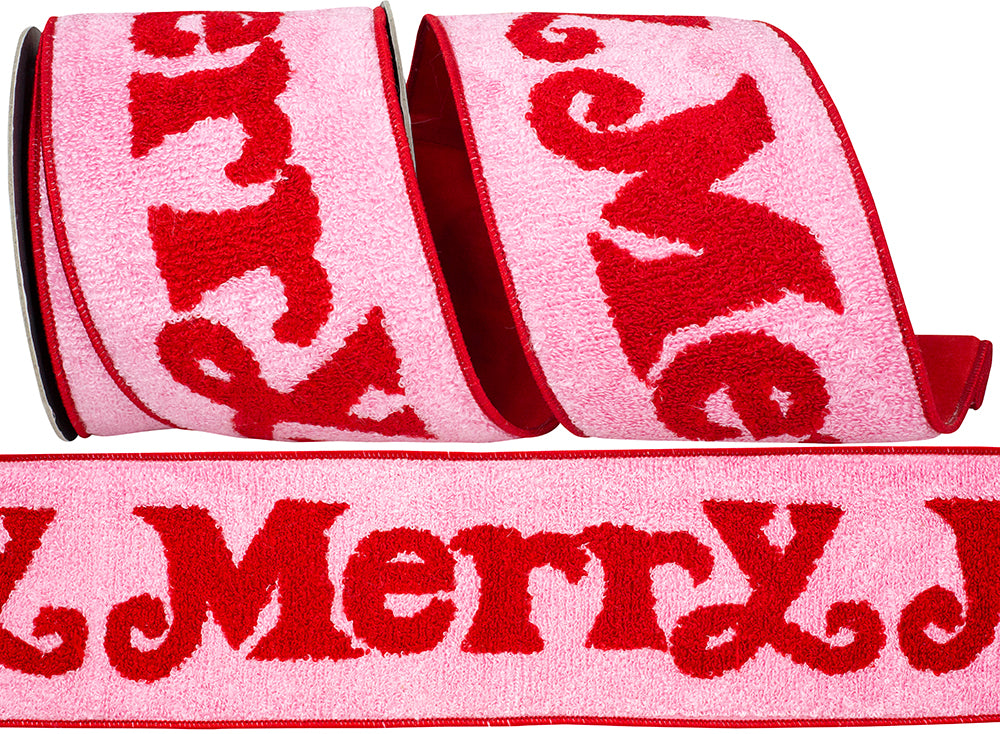 Pink Red 4 Inch Textured Embroidery Merry Fused Dupioni Backed Wired Edge Ribbon for Wreaths & Bows