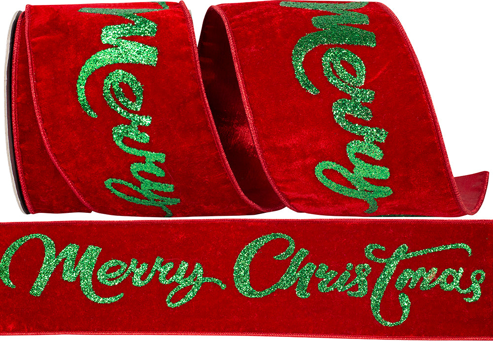 Merry Christmas Red Green 4 Inch Velvet Wired Edge Ribbon