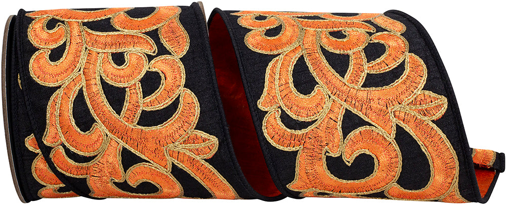 Black Orange 4 Inch Scroll Embroidery Intertwined Fused Backed Wired Edge Ribbon for Wreaths & Bows