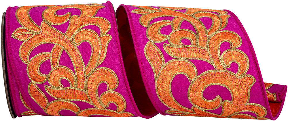 Fuchsia Orange 4 Inch Scroll Embroidery Intertwined Fused Backed Wired Edge Ribbon for Wreaths & Bows