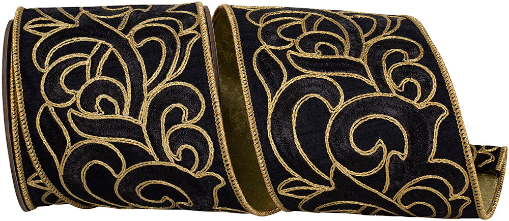 Black Gold 4 Inch Scroll Embroidery Intertwined Fused Backed Wired Edge Ribbon for Wreaths & Bows