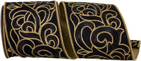 Black Gold 4 Inch Scroll Embroidery Intertwined Fused Backed Wired Edge Ribbon for Wreaths & Bows