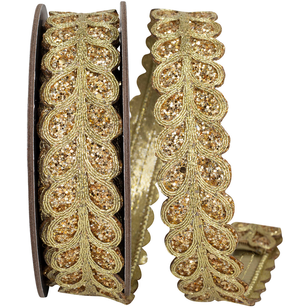Gold Glitter Embroidery Trim Wired Edge Ribbon 1-1/8 Inch