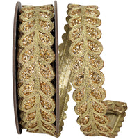 Gold Glitter Embroidery Trim Wired Edge Ribbon 1-1/8 Inch