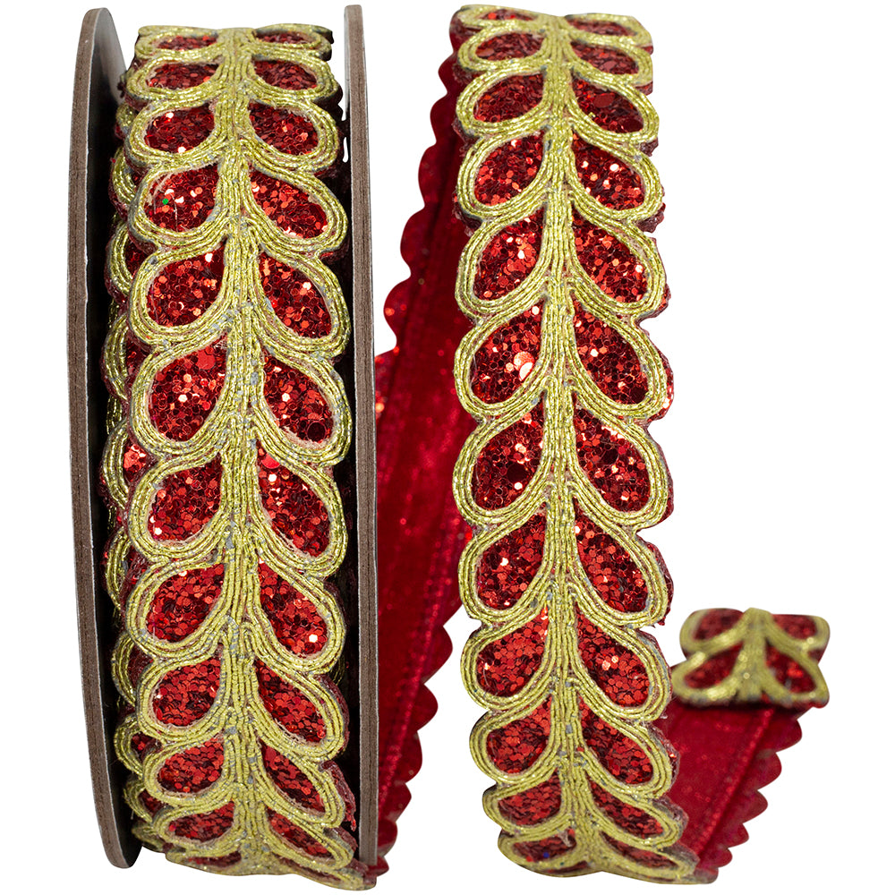 Red Glitter Embroidery Trim Wired Edge Ribbon 1-1/8 Inch
