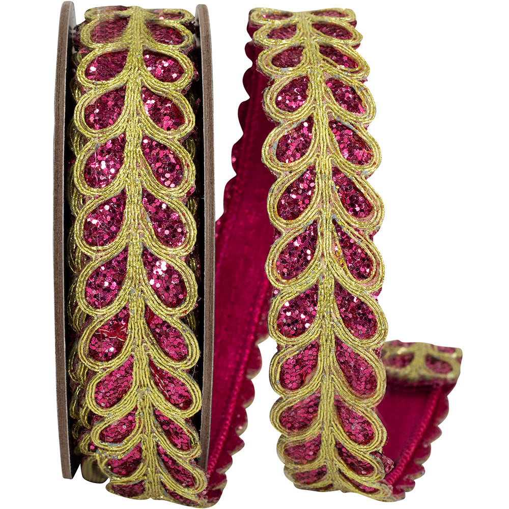 Fuchsia Glitter Embroidery Wired Edge Ribbon 1-1/8 Inch