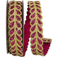Fuchsia Glitter Embroidery Wired Edge Ribbon 1-1/8 Inch