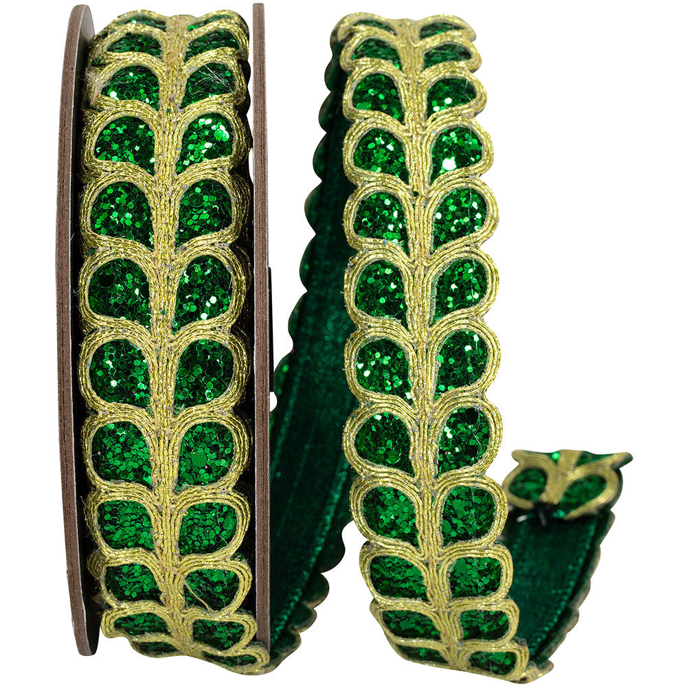 Emerald Glitter Embroidery Trim Wired Edge Ribbon 1-1/8 Inch