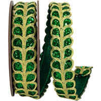 Emerald Glitter Embroidery Trim Wired Edge Ribbon 1-1/8 Inch