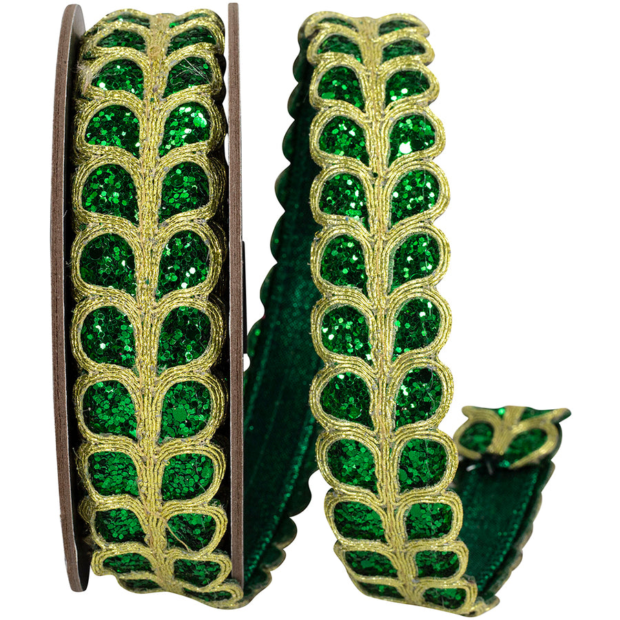 Emerald Glitter Embroidery Trim Wired Edge Ribbon 1-1/8 Inch