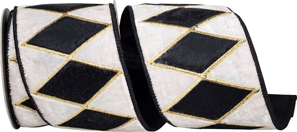 Black White 4 Inch Drum Diamond Plush Velvet Fused Backed Wired Edge Ribbon for Wreaths & Bows