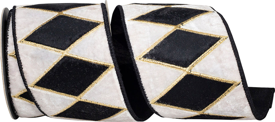 Black White 4 Inch Drum Diamond Plush Velvet Fused Backed Wired Edge Ribbon for Wreaths & Bows