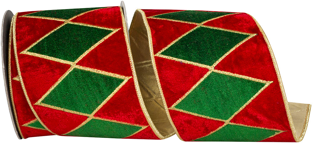 Red Green 4 Inch Drum Diamond Plush Velvet Fused Backed Wired Edge Ribbon for Wreaths & Bows